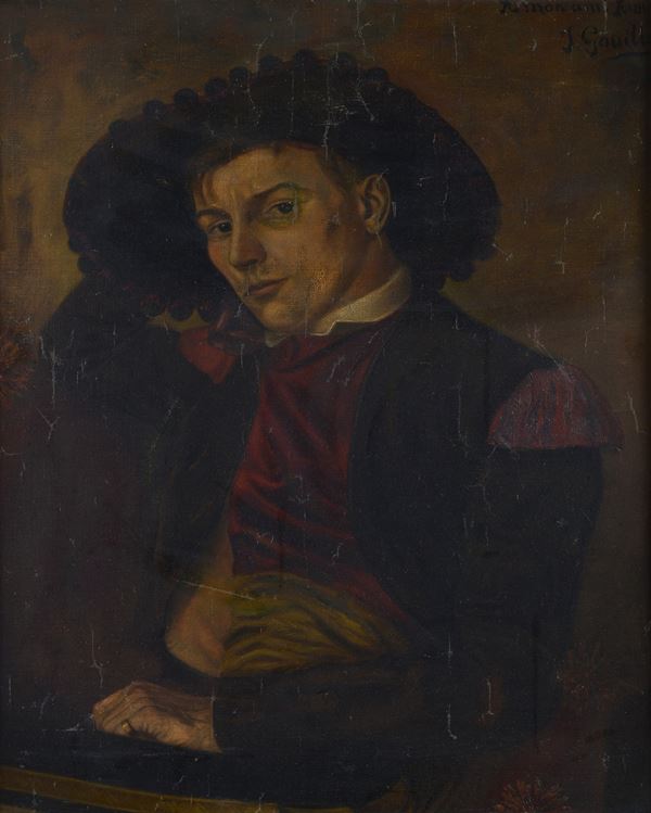 Scuola Europea XIX sec. - Portrait of young man with hat in ancient clothes