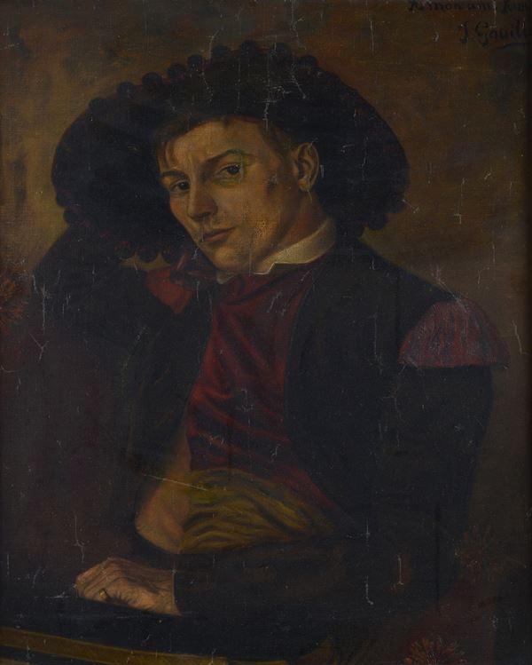 Scuola Europea XIX sec. - Ritratto di giovane con cappello in abiti antichi