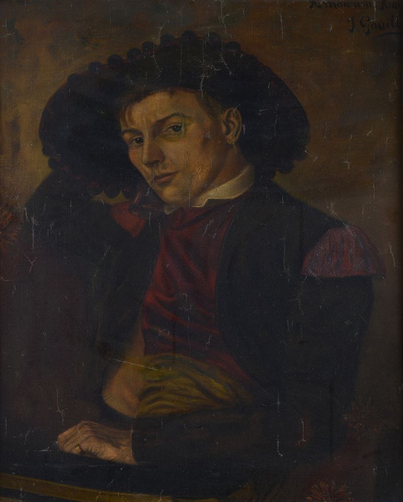 Ritratto di giovane con cappello in abiti antichi