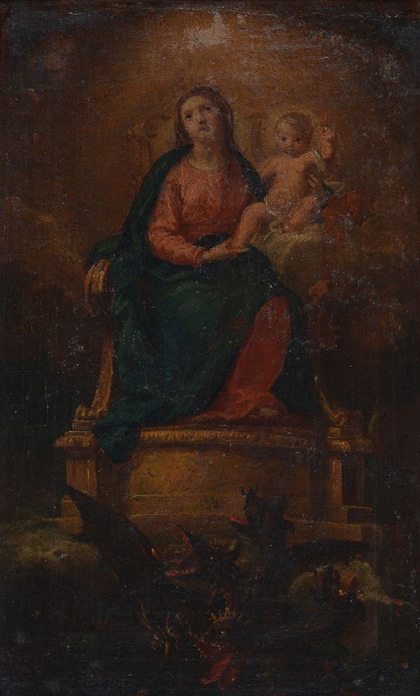 Scuola Napoletana, XVIII sec. - Madonna enthroned with Child triumphant over the devil