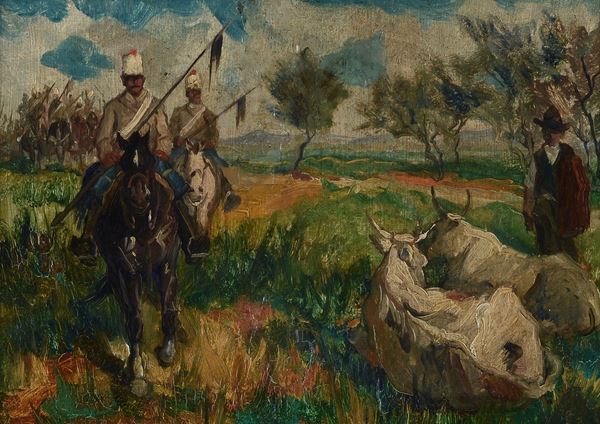 Anonimo, XIX sec. - Landscape with cavalrymen, farmer and oxen