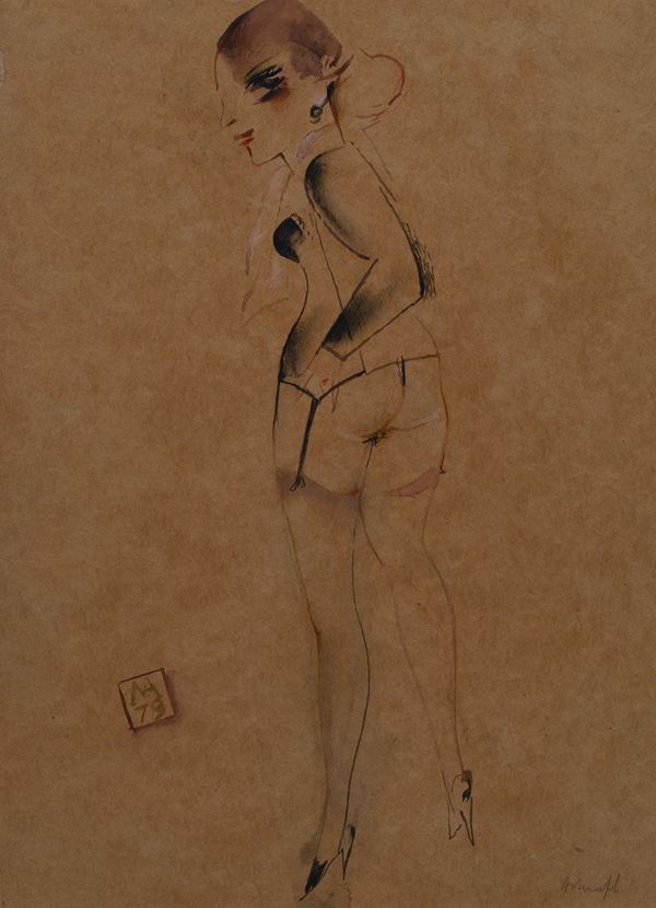 Alberto Manfredi : Woman from behind  (1979)  - Watercolor on cardboard - Auction MODERN AND CONTEMPORARY ART - II - Galleria Pananti Casa d'Aste