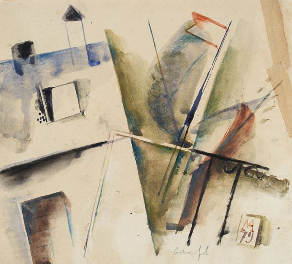 Alberto Manfredi : House and flag  - Watercolor on cardboard - Auction MODERN AND CONTEMPORARY ART - II - Galleria Pananti Casa d'Aste