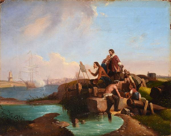 Scuola Olandese, XIX sec. - Vernet dipinge una scena di battaglia