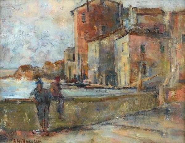 Alfonso Hollaender - Coastal town with figures