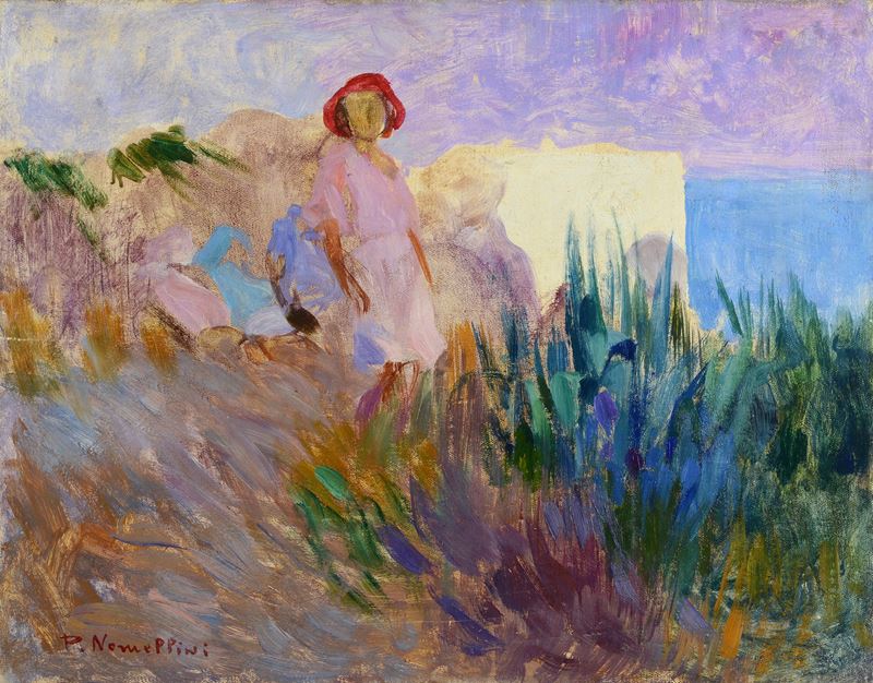 Plinio Nomellini - Paesaggio con Donna e Mare sullo Sfondo