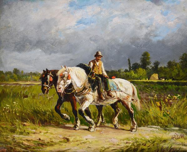 Alfredo Protti - Scena campestre con buttero e cavalli