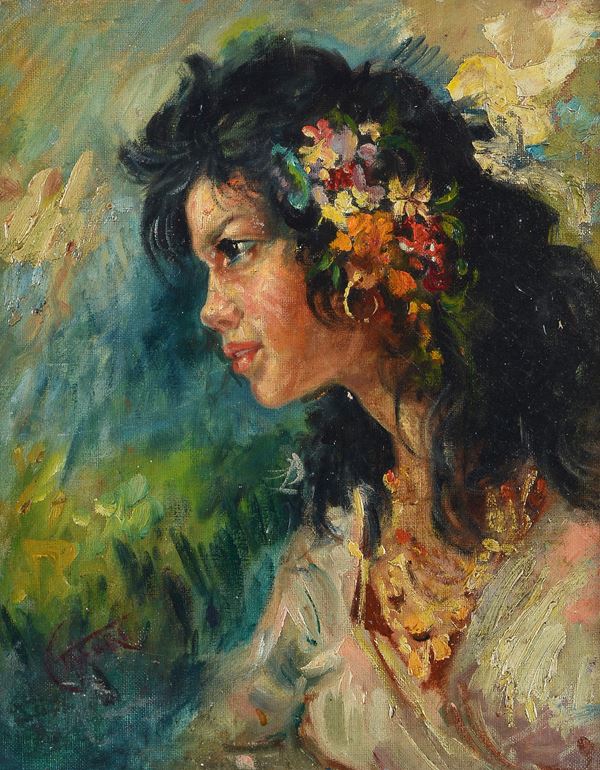 Clemente Tafuri - Profilo di donna con fiori tra i capelli
