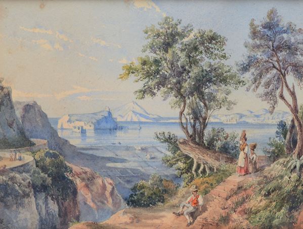 Eduardo Spinoza - Paesaggio con figure e Vesuvio sullo sfondo