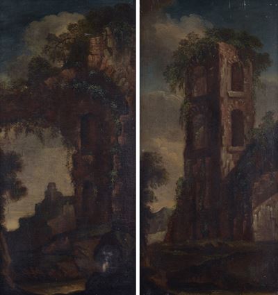 Coppia di Paesaggi con Rovine