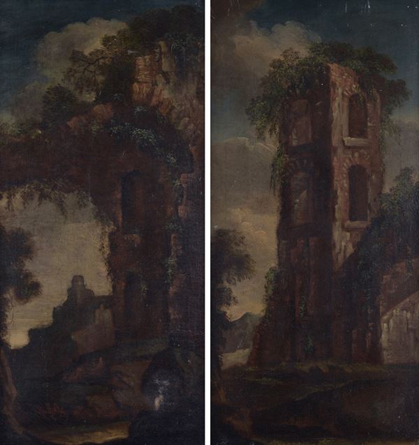 Anonimo, XVIII sec. - Pair of landscapes with ruins