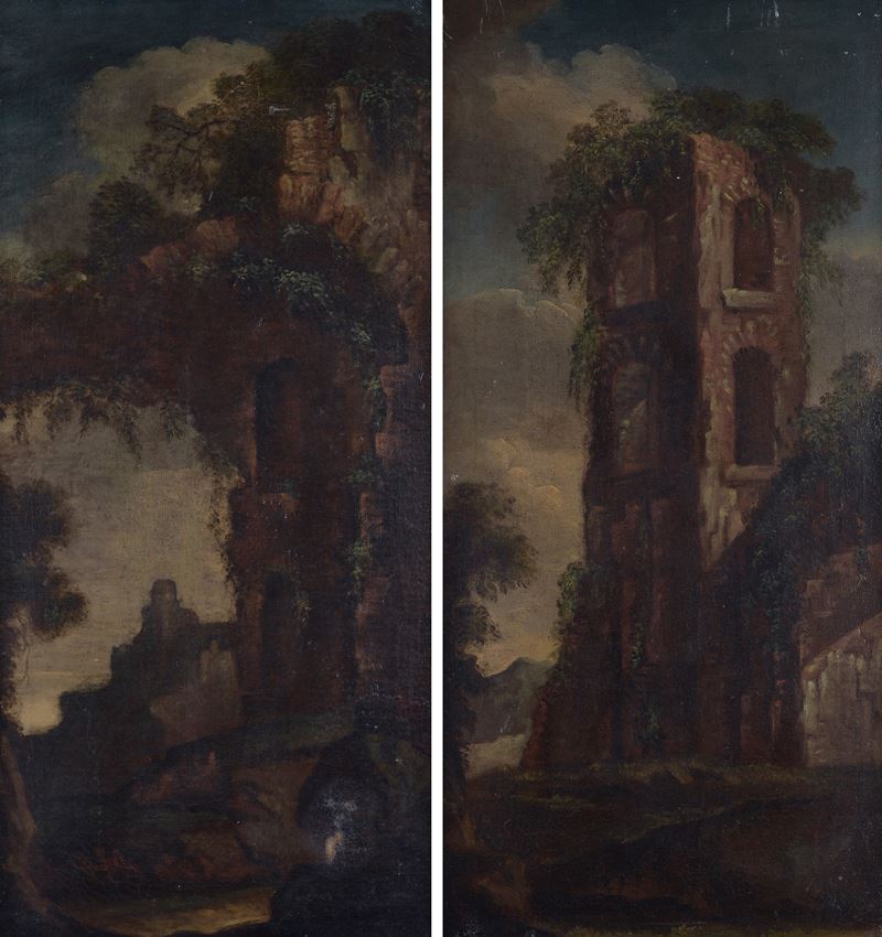 Anonimo, XVIII Sec. - Coppia di Paesaggi con Rovine
