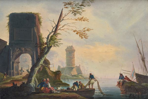 Charles Fran&#231;ois Lacroix de Marseille - Harbor with figures and ruins