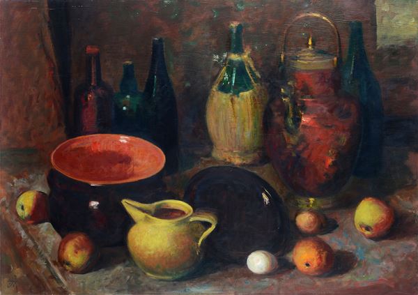 Corrado Michelozzi - Natura morta con bottiglie e frutta