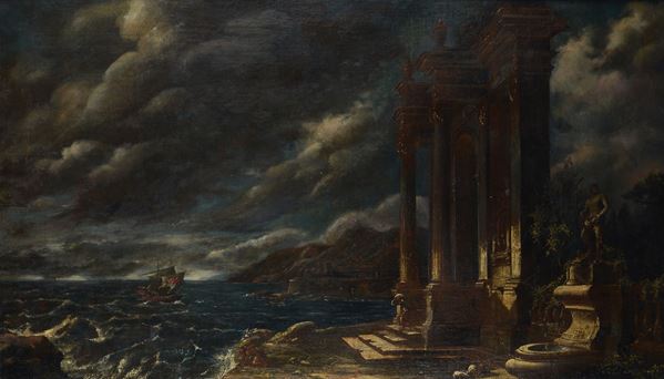Attr. a Leonardo Coccorante - Capriccio architettonico con tempesta sullo sfondo