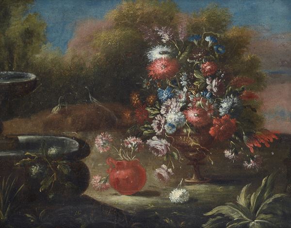 Scuola Napoletana, XVII sec. - Natura morta con fiori e fontana