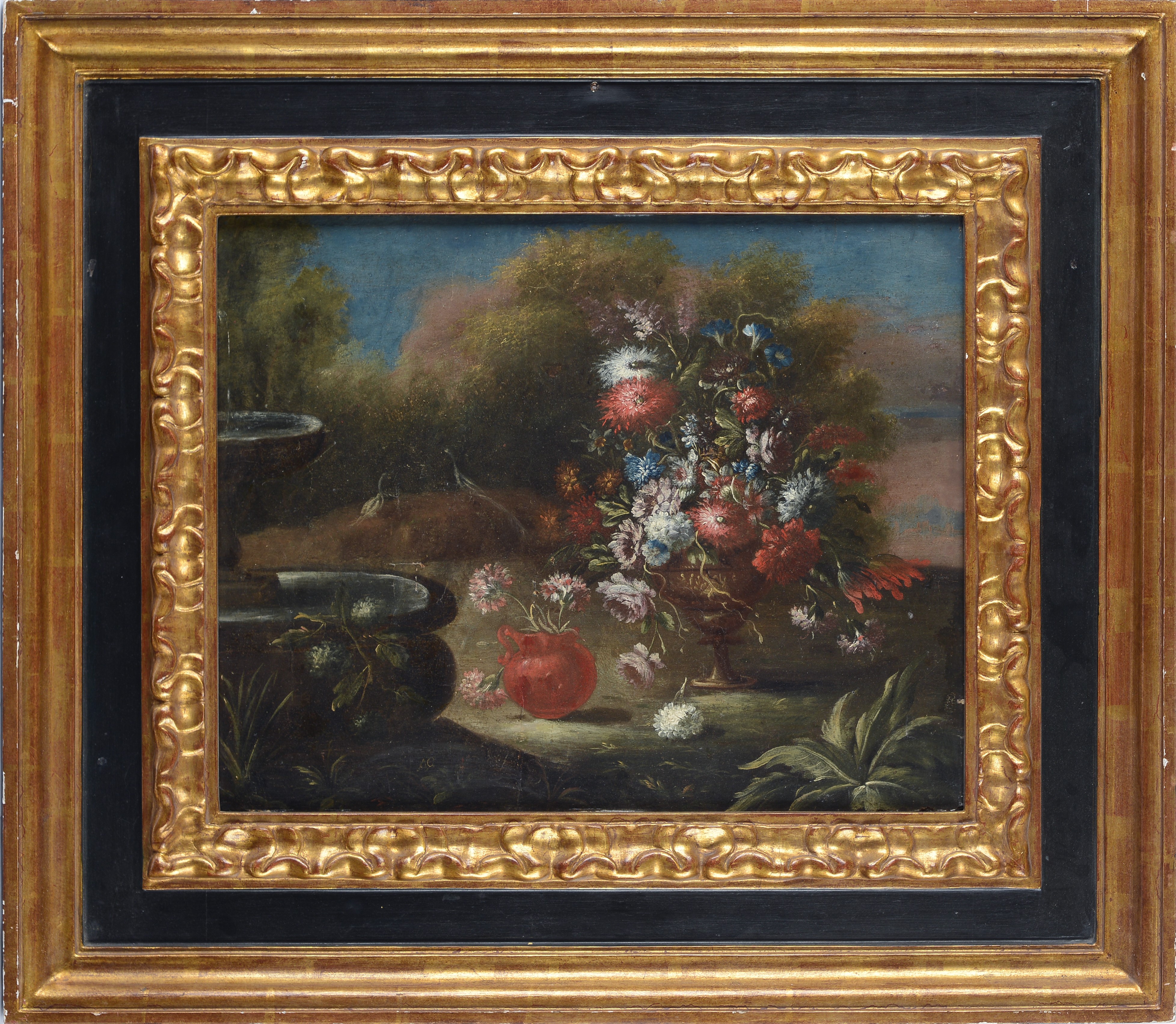 Scuola Napoletana, XVII Sec. - Natura Morta con Fiori e Fontana
