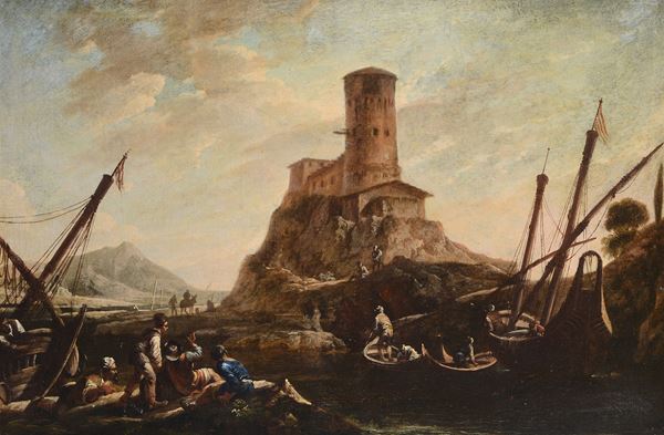 Scuola Romana, XVIII sec. - Fishing boats with tower in the background