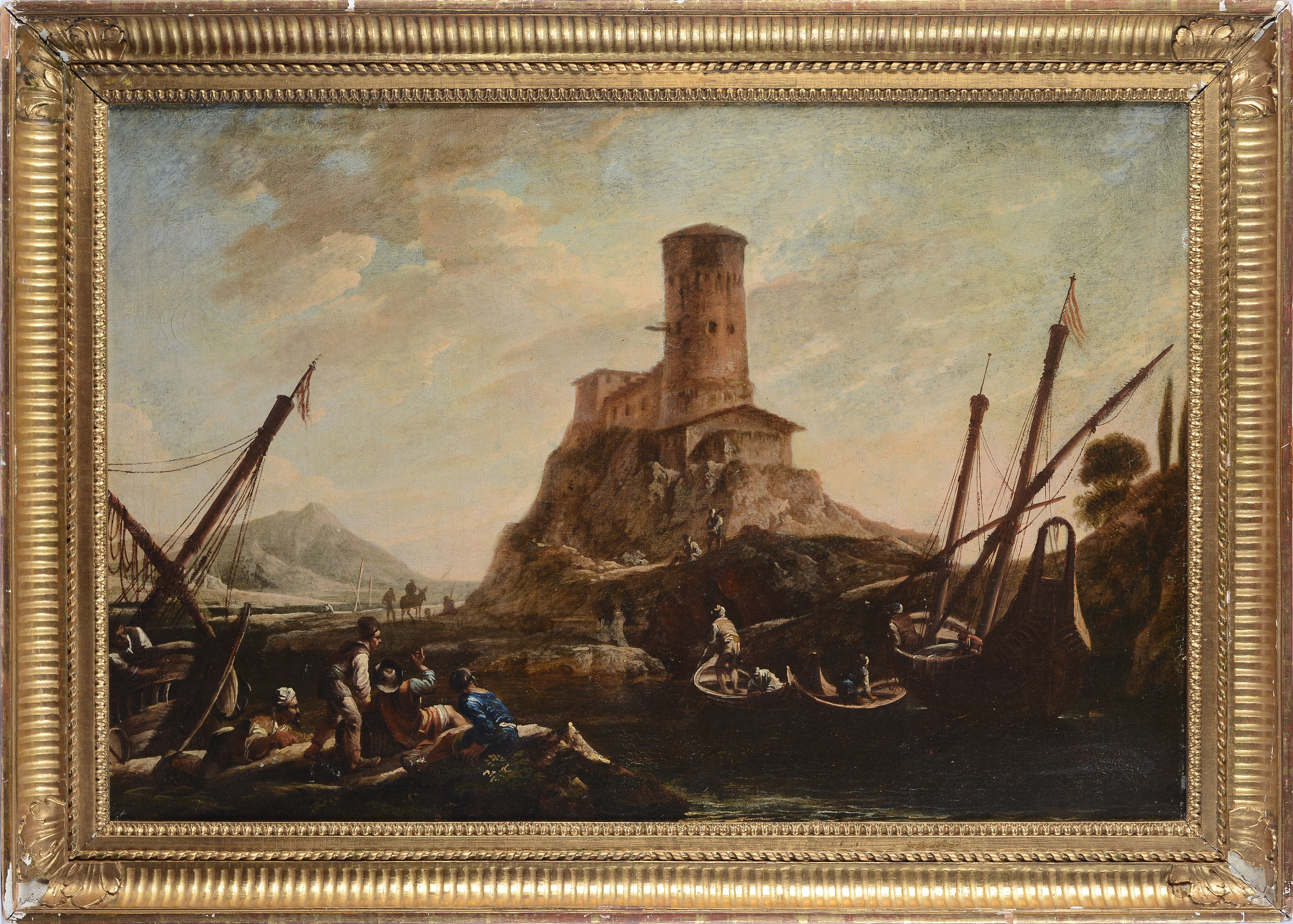 Scuola Romana, XVIII Sec. - Barche di Pescatori con Torre sullo Sfondo