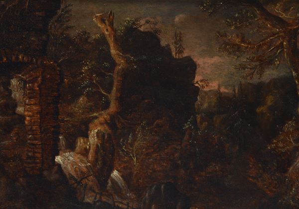 Scuola Olandese, XVIII - XIX sec. - Paesaggio con alberi e rovine