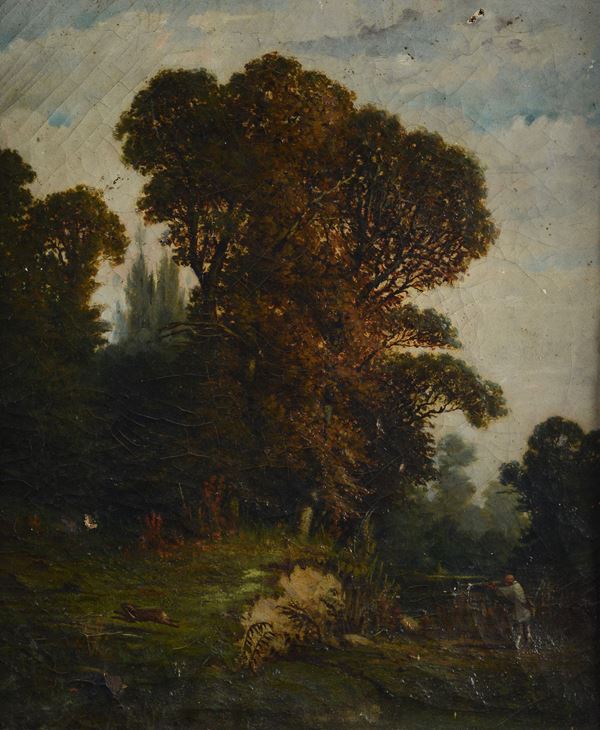 Scuola Nordeuropea, XIX sec. - Paesaggio con cacciatore