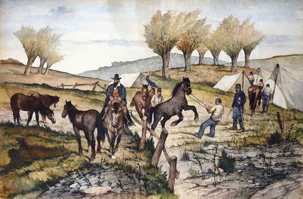 Giovanni Fattori - Scene di vita con buttero, cavalli e accampamento militare 