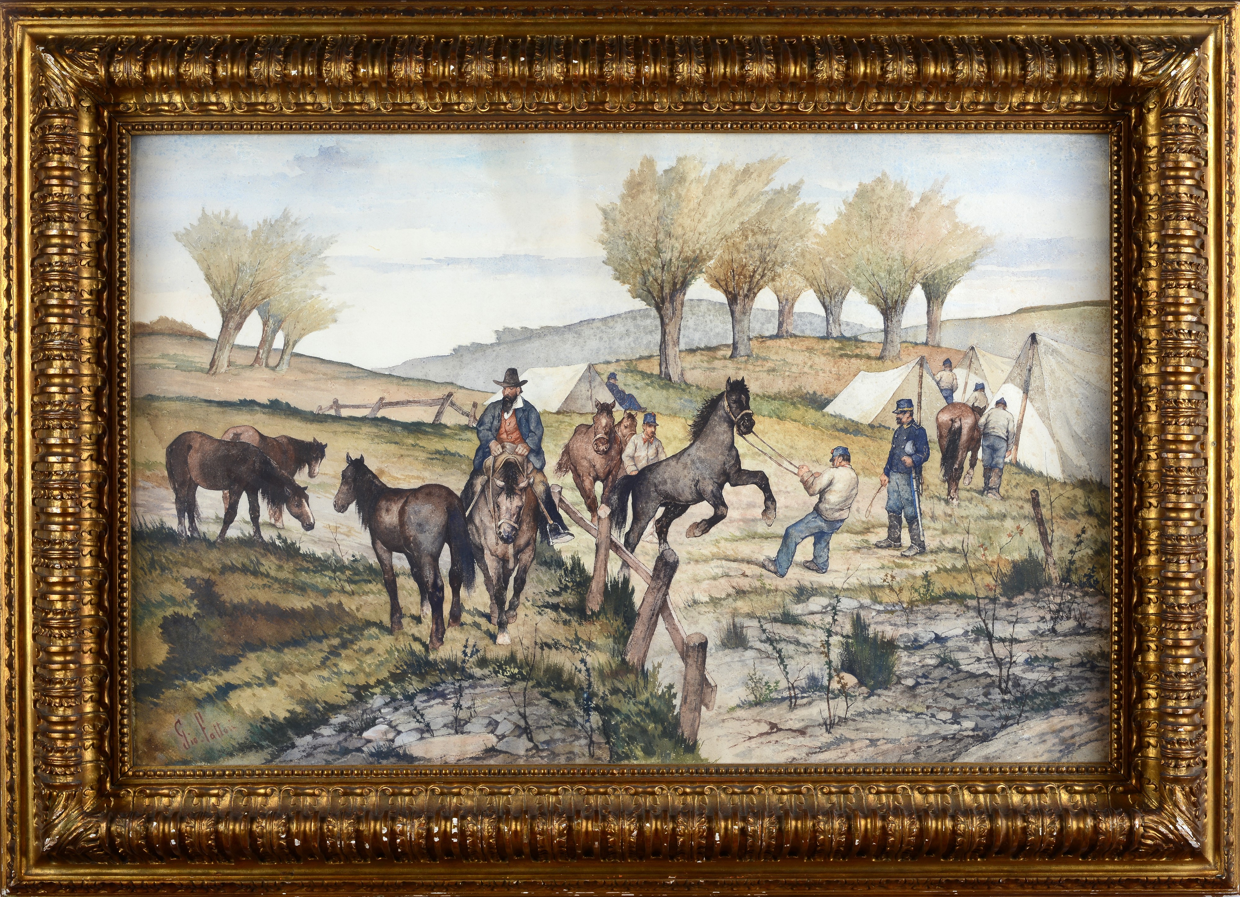 Giovanni Fattori - Scene di Vita con Buttero, Cavalli e Accampamento Militare
