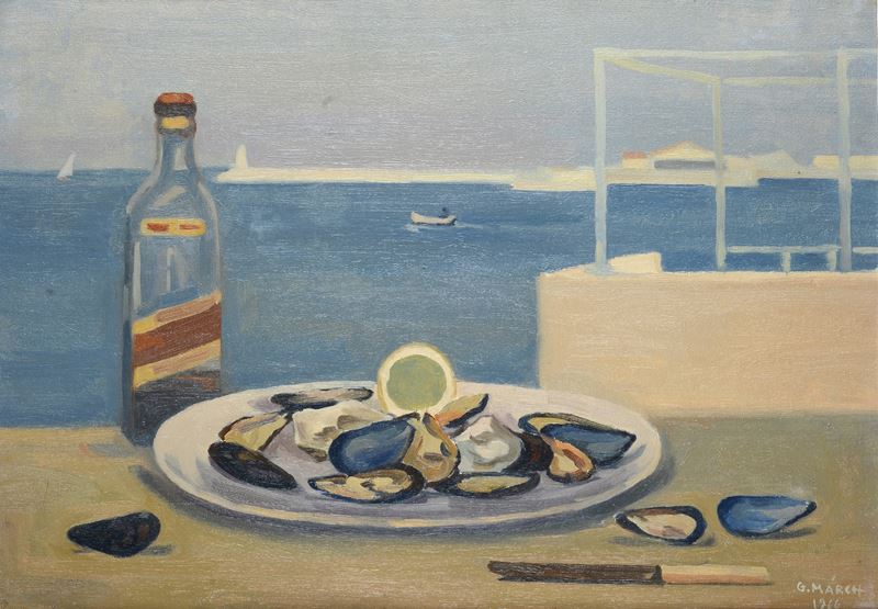 Natura morta con mare sullo sfondo