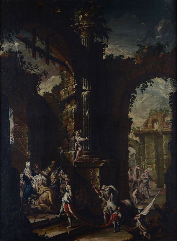 Ambito di Clemente Spera, XVIII sec. - Architectural capriccio with Nativity