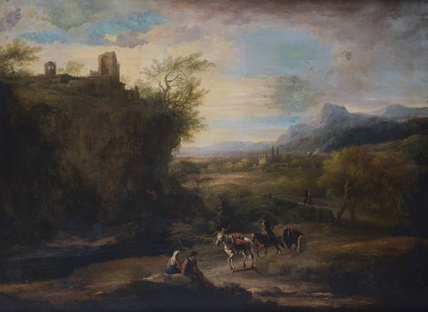 Scuola Romana, XVII - XVIII sec. - Paesaggio con figure