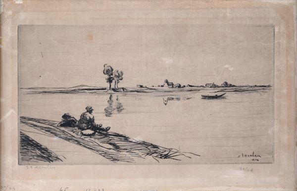 Th&#233;ophile Alexandre  Steinlen - Man assists at the edge of the river