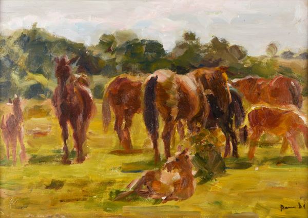 Anonimo russo, XX sec. - Horses grazing