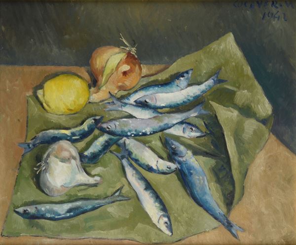 Vittorio Antonio  Cocever - Natura morta con pesci, cipolla e limone