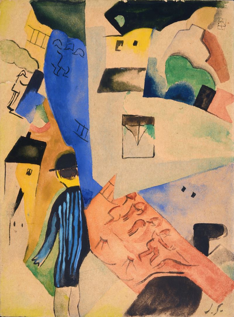 Composizione cubista con case e figure