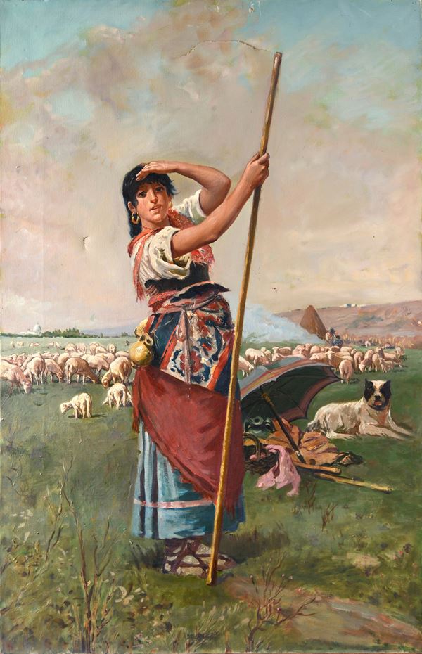Scuola Romana, XIX sec. - Pastorella con armenti