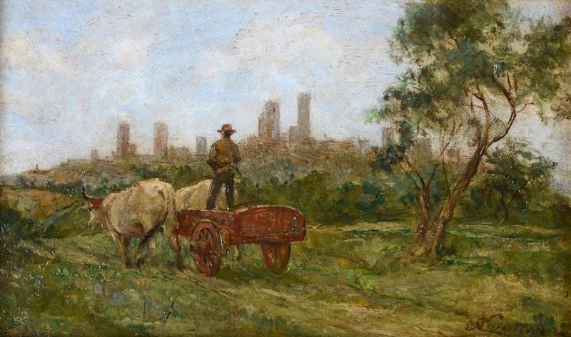 Niccolò Cannicci - Contadino sul Carro con San Gimignano sullo Sfondo