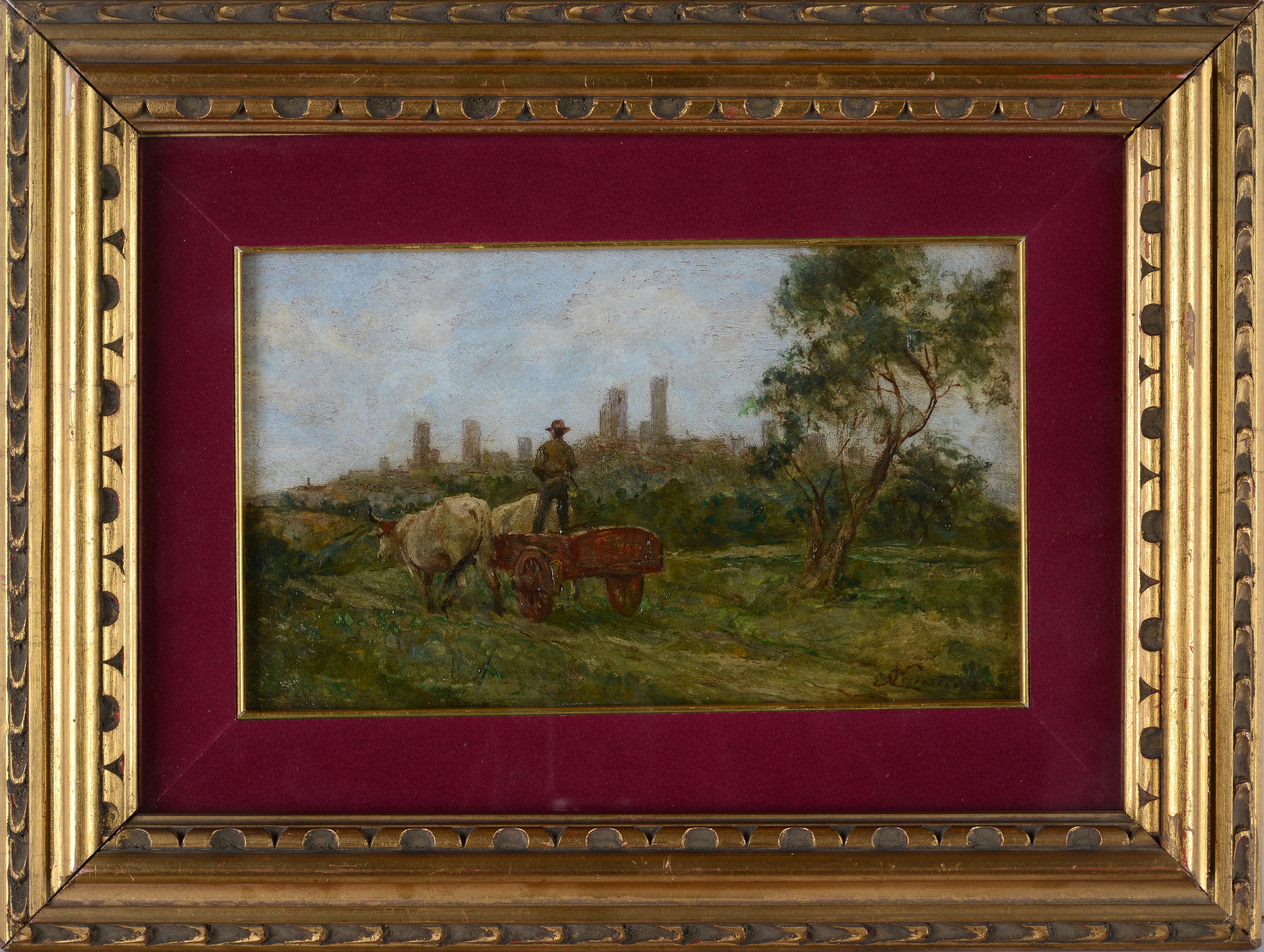 Niccolò Cannicci - Contadino sul Carro con San Gimignano sullo Sfondo