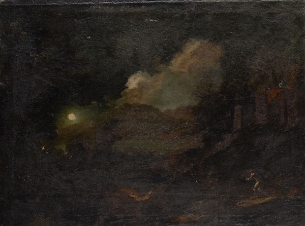 Scuola Italia Settentrionale, XVII sec. - Night with figure and cottage