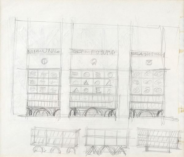 Fortunato Depero - Preliminary idea for the layout of the Depero Museum, 1956-1957 - Project for furniture with decorative panels, 1939  