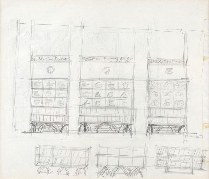 Idea preliminare per la sistemazione Museo Depero, 1956-1957 - Progetto per mobile con pannelli d...