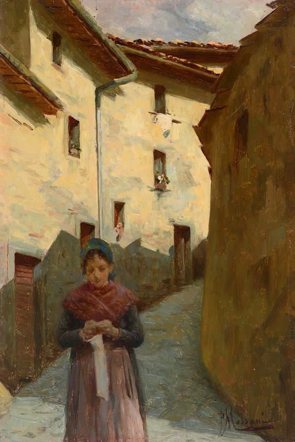 Pompeo Massani - Ragazza che ricama nel vicolo