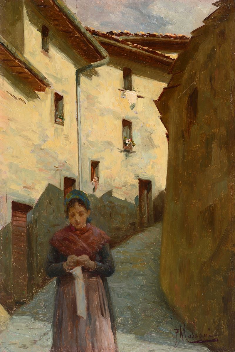 Ragazza che ricama nel vicolo