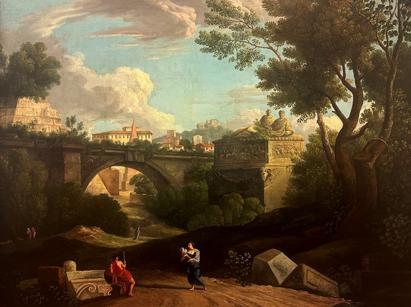 Paesaggio boscoso con colline e corso d'acqua