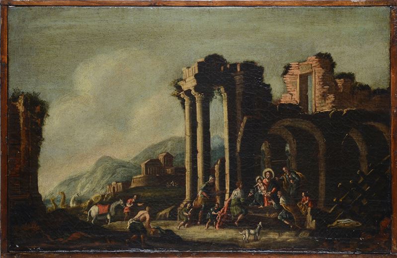 Paesaggio con Natività entro capriccio architettonico