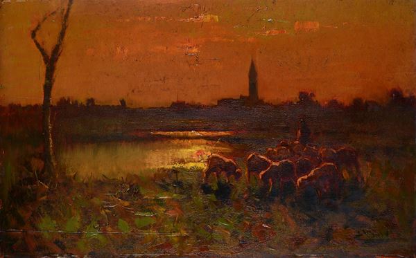 Beppe Ciardi - Paesaggio al tramonto con pastore e pecore