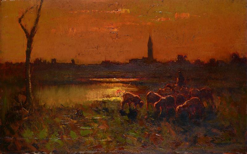 Paesaggio al tramonto con pastore e pecore