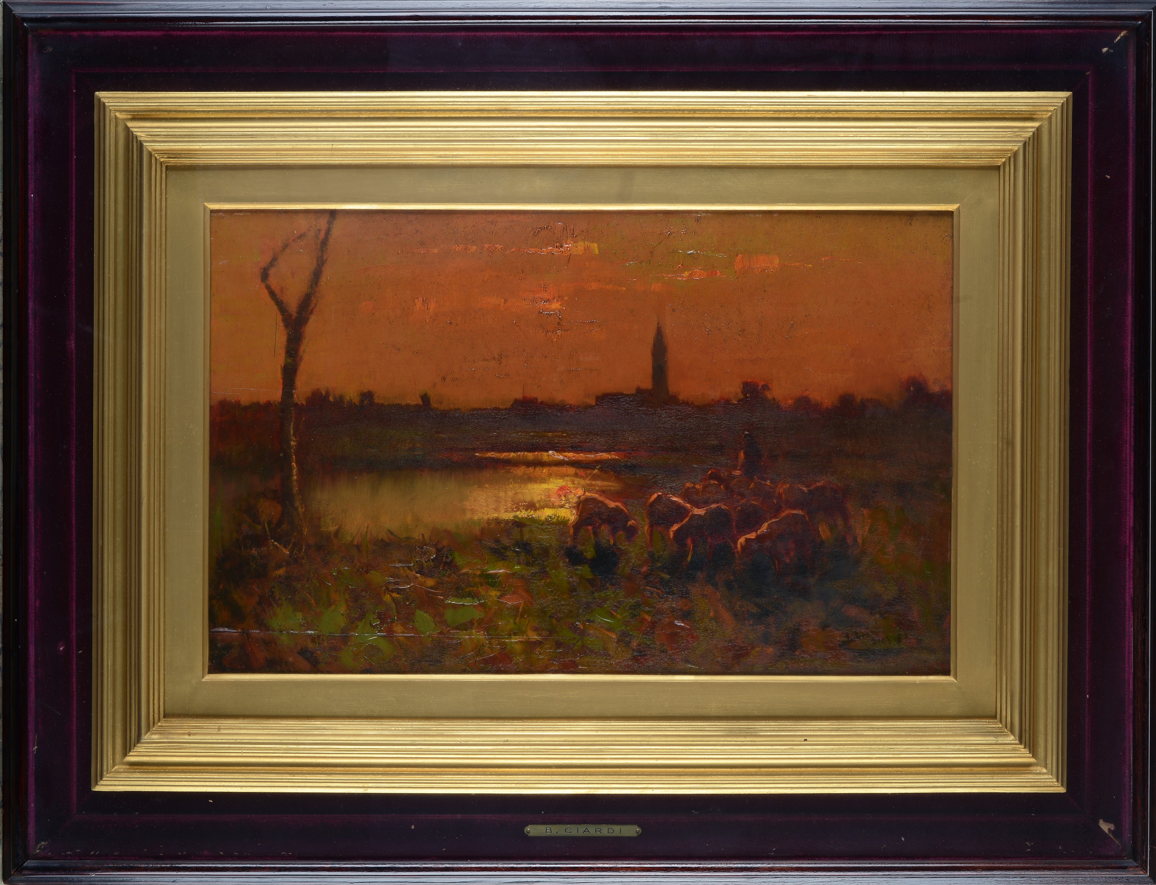 Paesaggio al tramonto con pastore e pecore