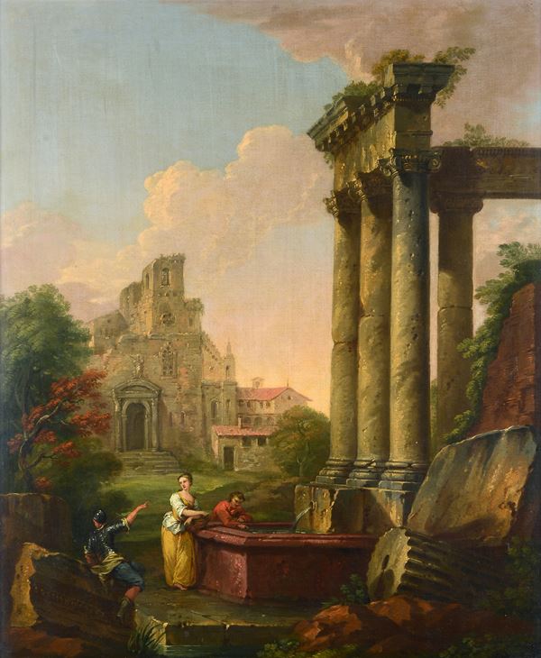 Attr. a Andrea Locatelli - Figures at the source with ancient ruins