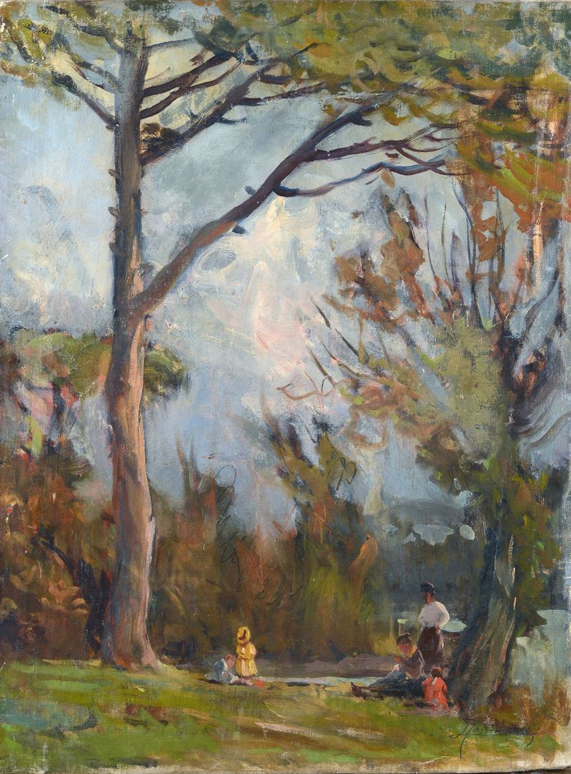 Paesaggio con alberi e figure