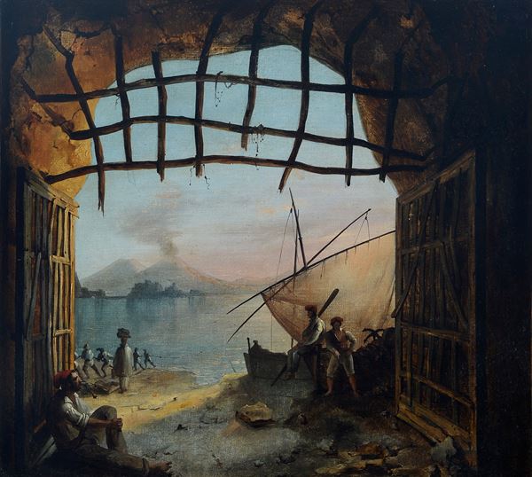 Attr. a Franz Ludwig Catel - Grotta con Vesuvio sullo sfondo e figure